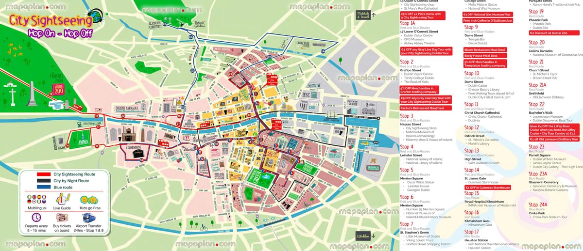 Dublin Hop on hop off autobusové trasy mapě